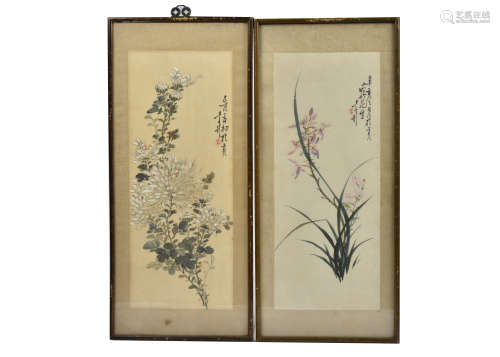 Early 20th Century Vietnamese School pair of watercolours on silk, 'Studies of Flowers', each with