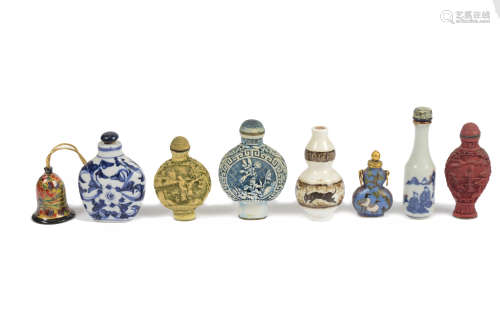 A collection of Chinese scent and snuff bottles, including reverse painted glass, porcelain and