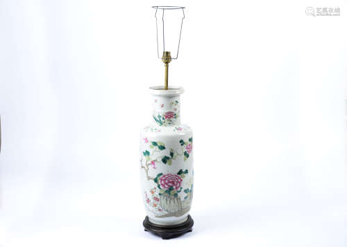 A large late 19th Century Chinese famille rose baluster vase, converted to a lamp, decorated with