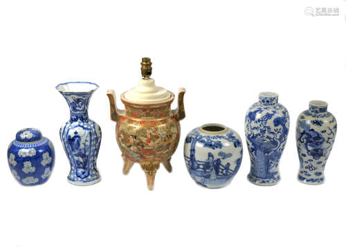 Two Chinese ginger jars, one missing the lid, 16 cm & 17 cm high, three vases decorated with