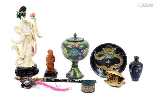 A selection of oriental cloisonne, plates, pots, vases, napkin rings and bowls, together with