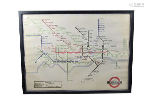 A reproduction print of a 1936 London underground map, framed, 79 cm x 59 cm