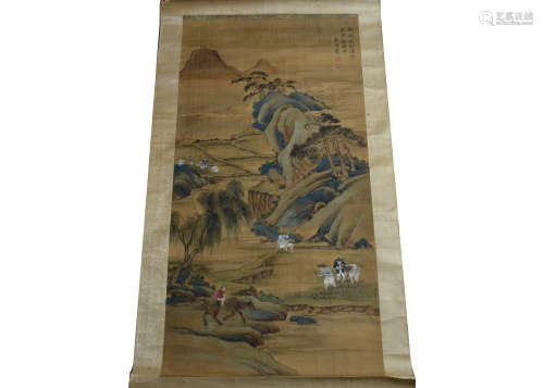 Two Chinese silk painted scrolls, depicting scenes of landscapes, together with a large folding