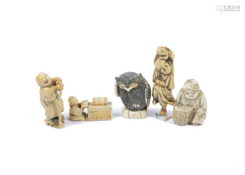 Five ivory and resin netsuke, carved to resemble figures and animals (5)