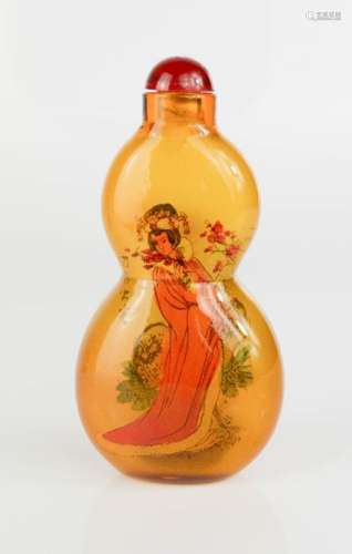 A Chinese glass reverse painted glass scent bottle of Maidens, signed by the artist, having inset