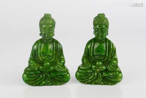 A pair of Chinese Heitian green jade carved Buddha amulet netsukes.
