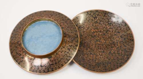A pair of 19th centruy Chinese bronze and enamel dishes, with detailed scrollwork and blue enamel