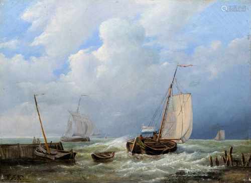 Koekkoek, Hermanus II (attr.)Amsterdam 1636 - London (vor) 190925 x 35 cmSegelschiffe auf bewegter