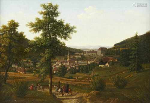 Bourgoin, P.V.Wohl um 185050 x 72 cmBlick von einer Anhöhe auf Baden-Baden. Öl/Lwd./Lwd., unten