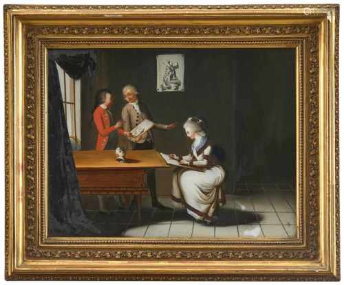 Hinterglasbild - GenreszeneLetztes Viertel 18. Jahrhundert30 x 39 cmIm Hausmaleratelier.