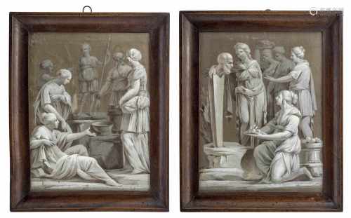 Paar klassizistische SeidenmalereienWohl Frankreich, um 180032x25 cmGrisaille-Malerei auf Seide.