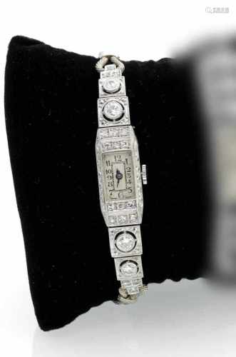 Art-Déco-Damenarmbanduhr1920er JahreL. ca. 18 cmPlatingehäuse, besetzt mit 4 Altschliffdiamanten und