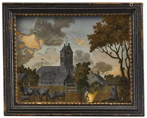 HinterglasradierungDatiert 180622 x 28,5 cmBauern mit Vieh vor der Dorfkirche. Auf dem Kirchturm