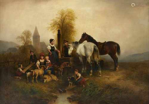 Meyerheim, Wilhelm AlexanderDanzig 1815 - Berlin 188269 x 96 cmBauernfamilie an einer Tränke. Öl/