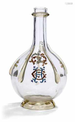 FlascheEmile Gallé, Nancy, um 1880H. 24 cmLeicht rauchfarbenes Glas mit fünf tropfenförmig