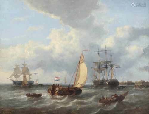 Opdenhoff, Georg WillemFulda 1807 - Den Haag 187363 x 82 cmSegelschiffe vor der Küste. Öl/Lwd./Holz,