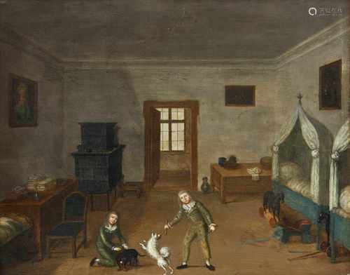 KlassizistUm 180026 x 32,5 cmInterieur eines Kinderzimmers mit zwei Kindern, die mit ihren Hunden