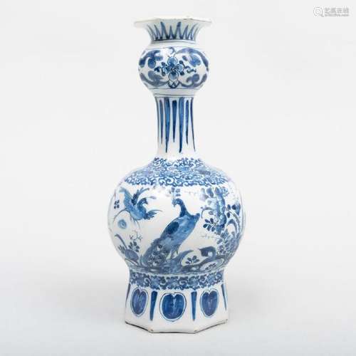 Dutch Delft Blue and White Octagonal Bottle Shaped Vase