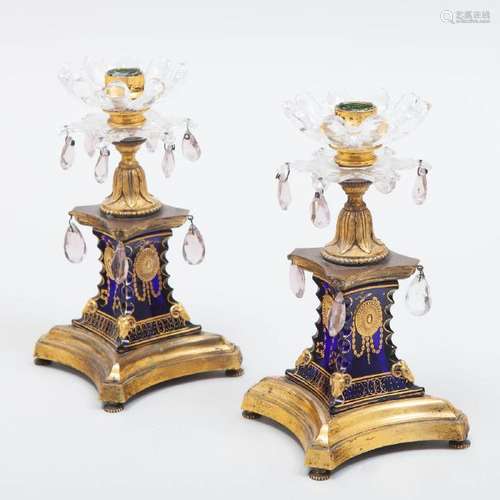 Pair of Regency Cobalt and Gilt-Metal Candlesticks