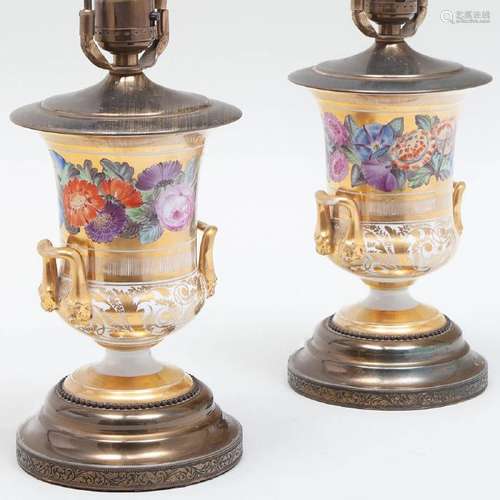 Pair of English Porcelain Urns Mounted as Lamps