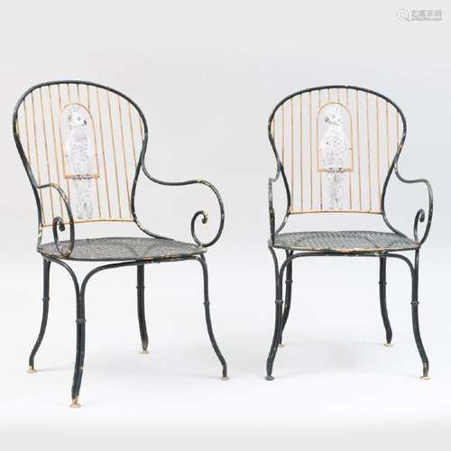 Pair of Painted Wrought-Iron Armchairs with Cockatoos