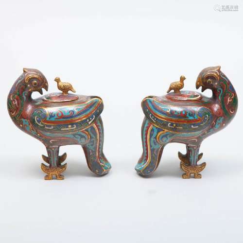 Pair of Chinese Cloisonné Figures of Birds