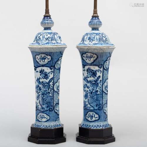 Pair of Dutch Delft Octagonal Beaker Vases and Covers