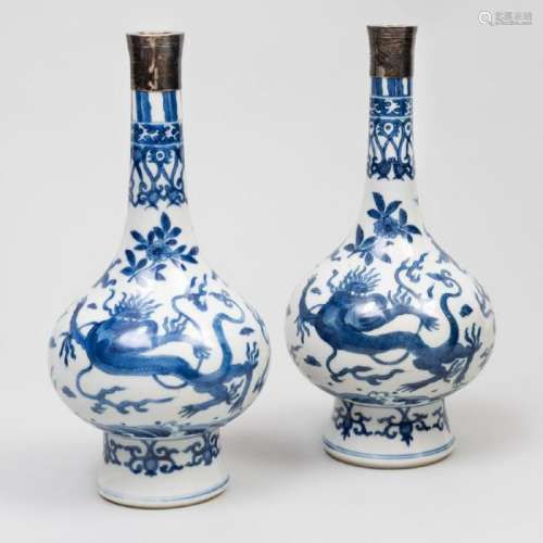 Pair of Chinese Silver-Mounted Blue and White Porcelain