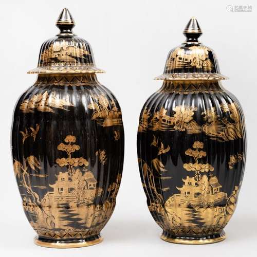 Near Pair of Booth's Porcelain Gilt-Decorate Black