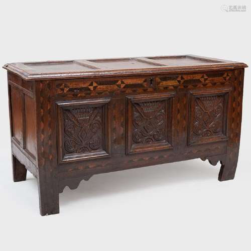 Charles II Inlaid and Carved Oak Chest