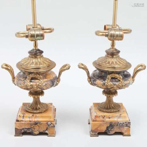 Pair Louis XVI Style Gilt-Metal-Mounted Marble Urns