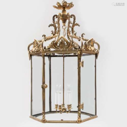 Large Regency Style Brass Hexagonal-Shaped Five-Light