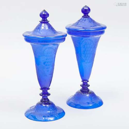 Pair of Continental Cobalt Etched Glass Vases and