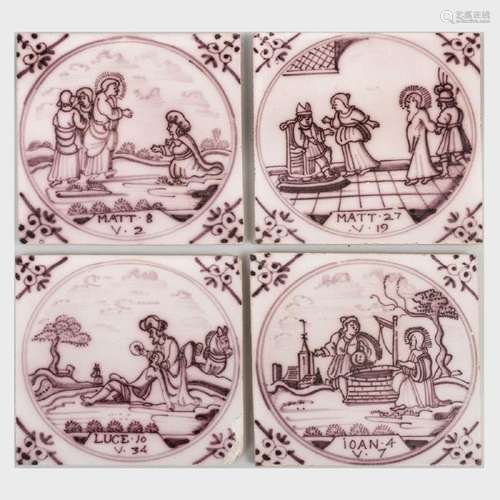 Group of Four Dutch Manganese Delft Tiles Depicting