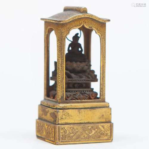 Miniature Gilt-Metal Shrine of Seated Buddha