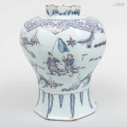 Dutch Delft Blue and White and Manganese Baluster Vase