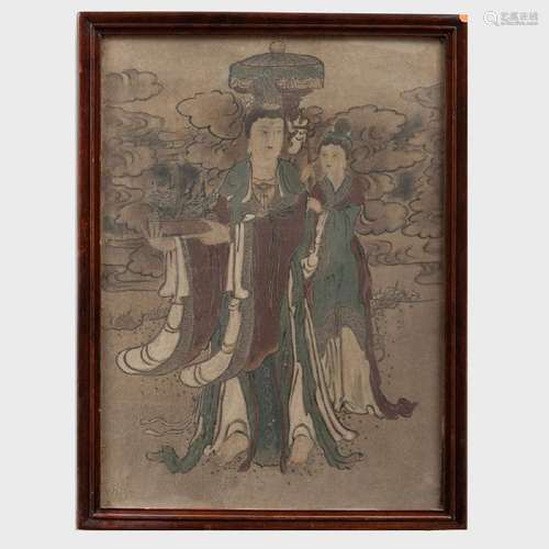 Chinese Ming Style Fresco Painting of Women Bearing