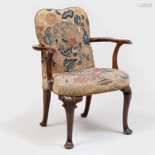 George I Walnut Needlework Upholstered Armchair