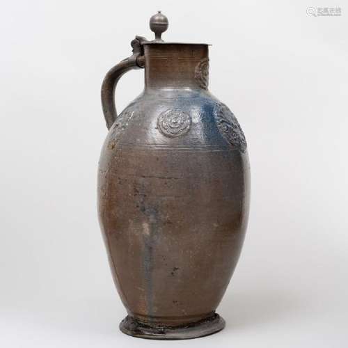 Continental Pewter Mounted Salt-Glazed Pottery