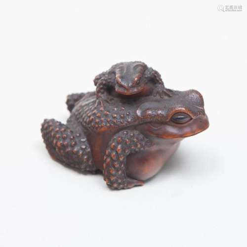 Japanese Carved Wood Okimono of a Toad and its Young on