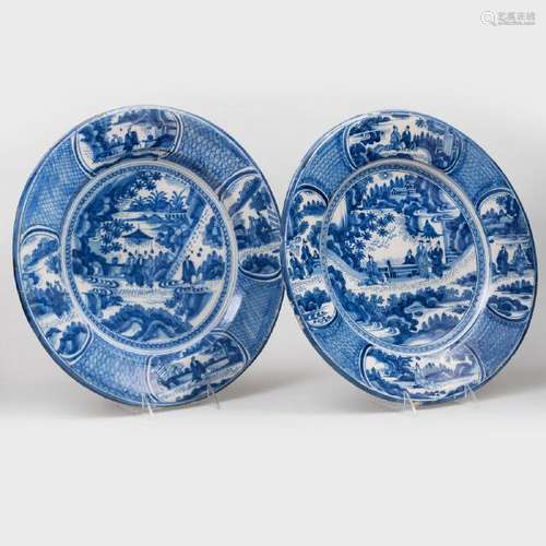 Pair of Dutch Delft Blue and White Large Chargers