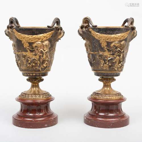 Pair of Napoleon III Gilt-Bronze Urns on Marble Socles