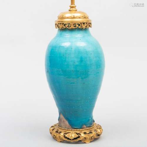 Pottery Turquoise Glazed Vase Mounted as a Lamp,