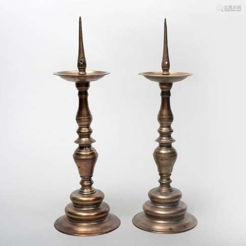 Pair of Continental Baroque Brass Pricket Sticks,