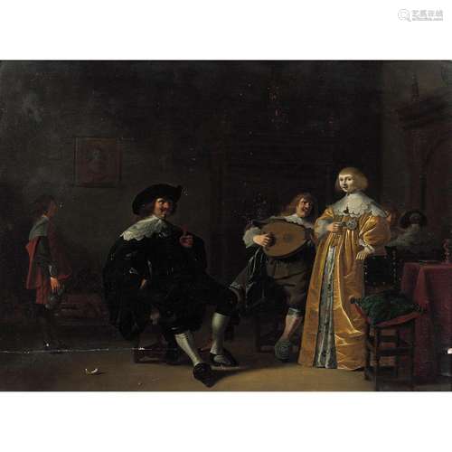 Scene of an indoor meal with a lute player, panel