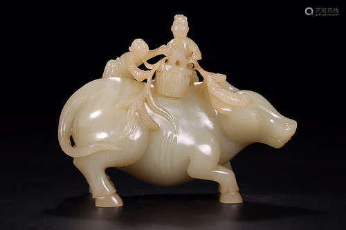 HETIAN JADE BOY AND COW ORNAMENT