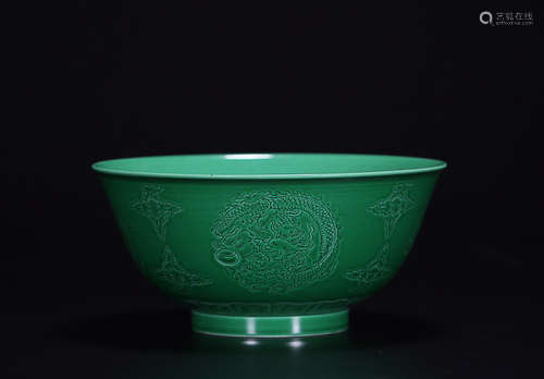 DARK GREEN GLAZE BOWL WITH  SHALLOW DRAGON PATTERN