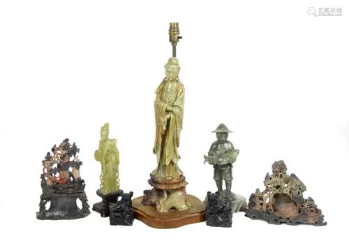 A soapstone Guanyin and other soapstone carvings