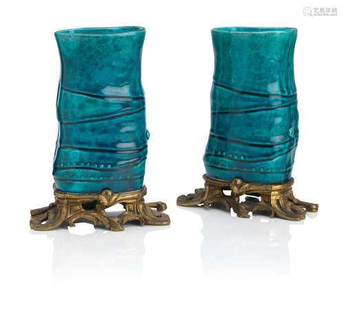 19th century A pair of turquoise-glazed faux-bamboo vases