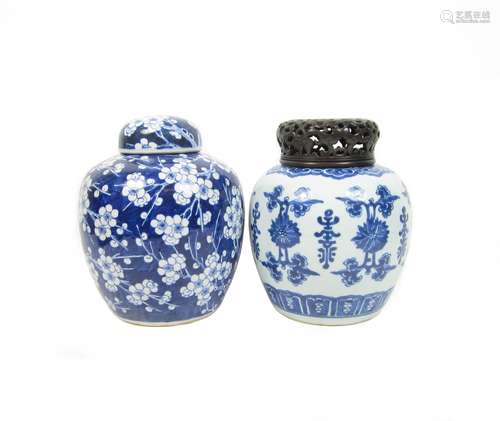 19th century Two blue and white jars with covers